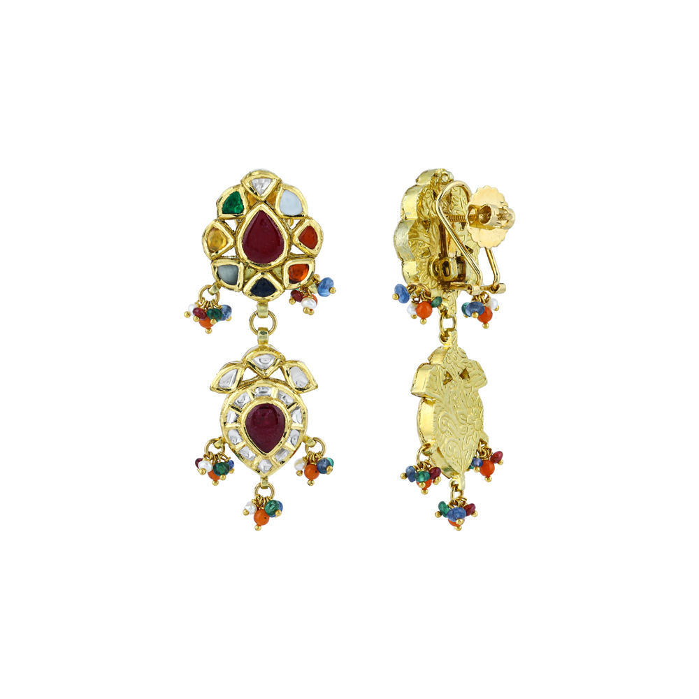 Navratna Earrings with Polki Diamonds and colourful Beads